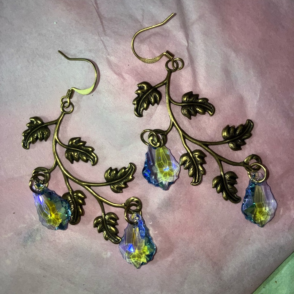 Swarovski Elegant Gold (brass) Leaf Earrings with Blue AB Crystals - Picture 7 of 7